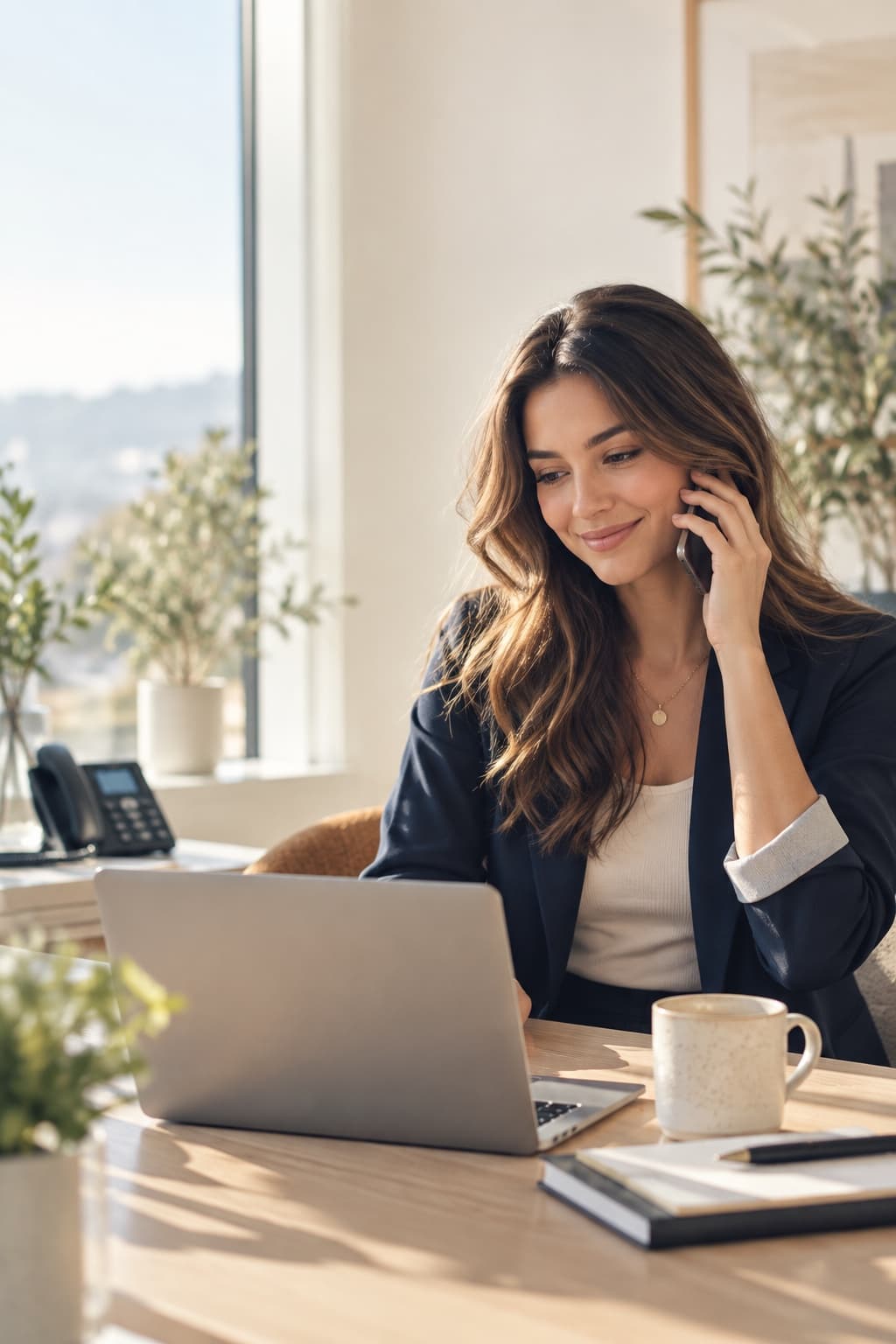 A business coordinator managing calls from her workspace